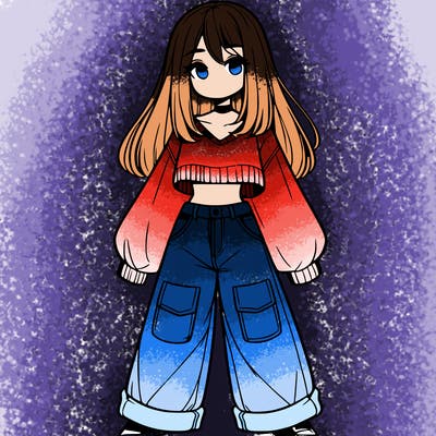 cute girl with straight hair in baggy jeans and a crop top and a sweater