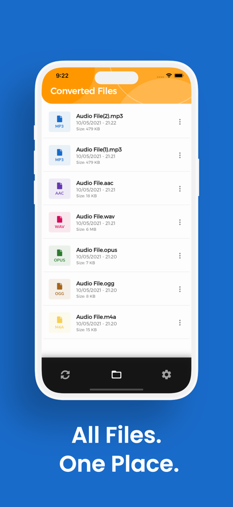 A list of converted audio files showing formats like MP3 WAV and AAC in the MP3 Converter app interface