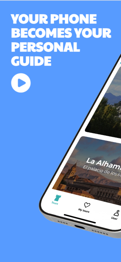 Alhambra Audioguide & Tours - Smartphone che mostra l'interfaccia dell'app Alhambra Audioguide con lo slogan Il tuo telefono diventa la tua guida personale