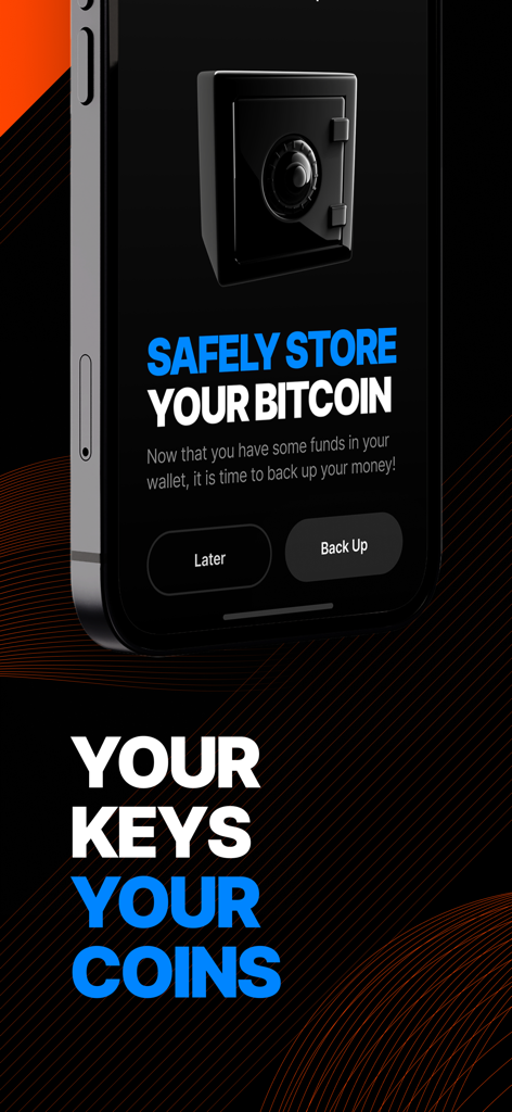 Bitkit: Bitcoin Wallet - Bitkit mobile app screen showing a safe icon with text encouraging users to safely store and backup their Bitcoin using the your keys your coins principle