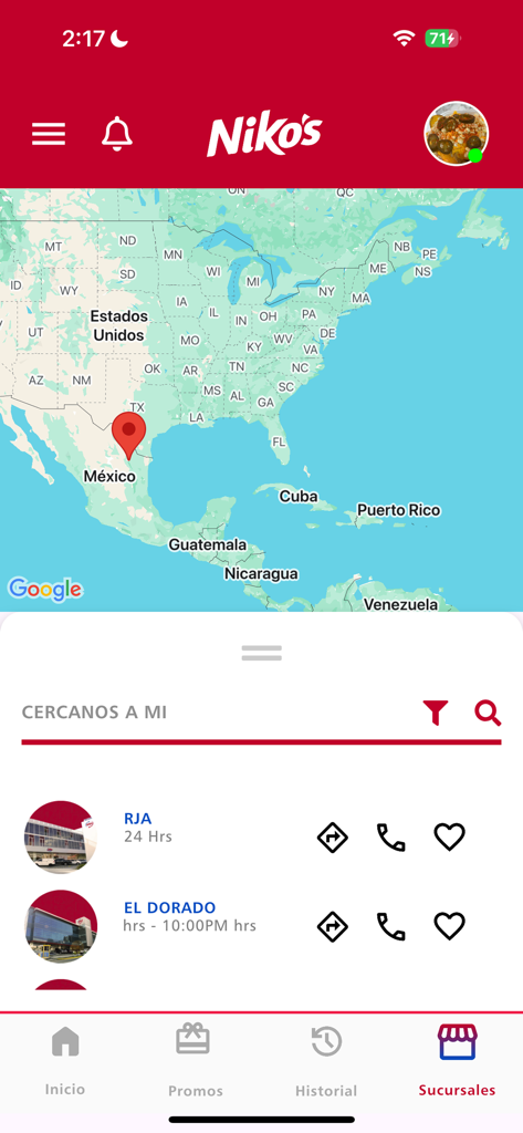 Niko´s - Niko's app screen showing a map of restaurant branches with a list of nearby locations and store hours.