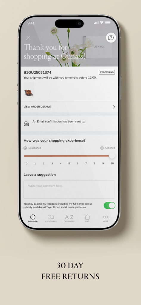 Bestellbestätigungsbildschirm der Ounass App zeigt Lieferverfolgung und ein 30-tägiges kostenloses Rückgaberecht.