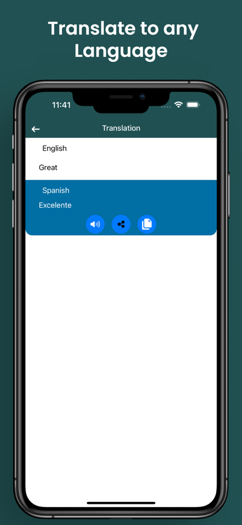 English Dictionary - Interfaccia di traduzione dell'app Dizionario Inglese che mostra la parola Great tradotta dall'inglese allo spagnolo come Excelente