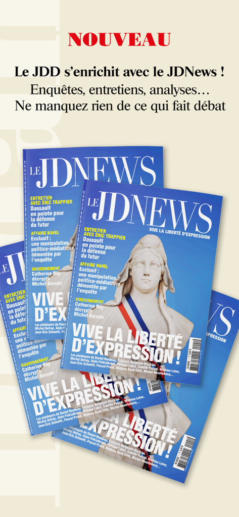 Le JDD : actualités et info - Promotional image for the Le JDD app highlighting the addition of JDNews magazine covers