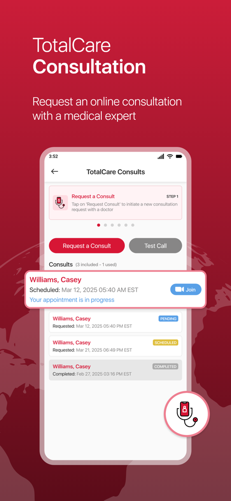 Interface of the My Global Rescue app showing TotalCare medical consultation options and scheduled appointments.