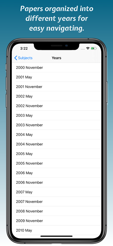 A+Papers: IB Exam Papers - Screenshot of A+Papers app showing a list of IB exam papers organized by year and session for easy navigation