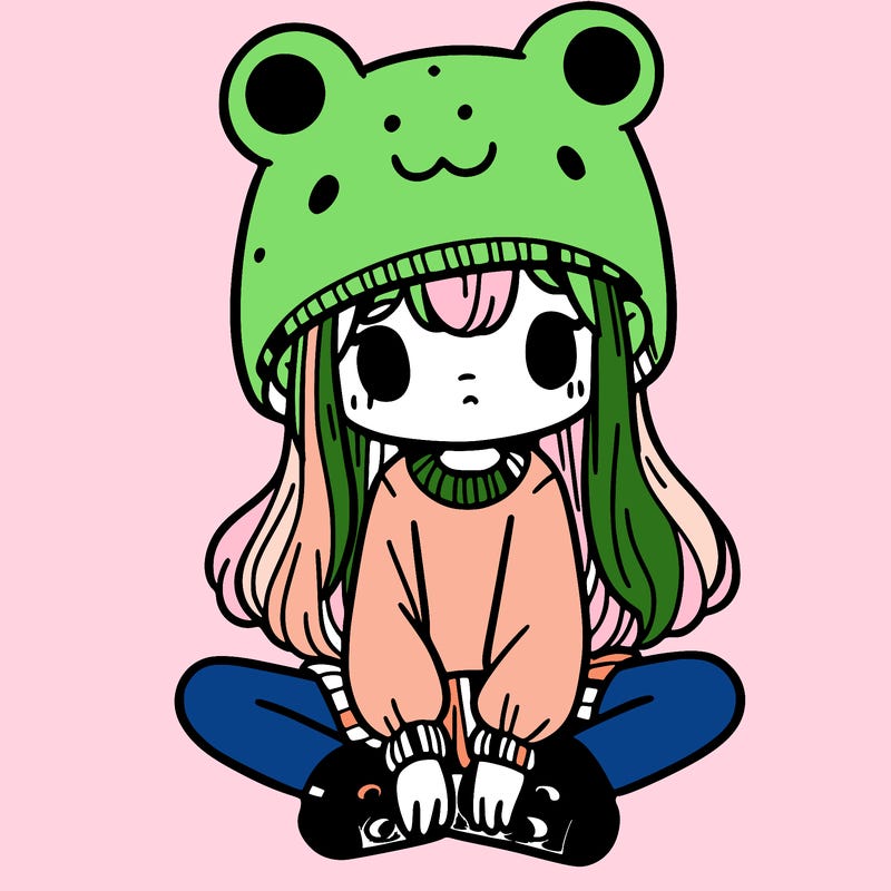 a girl wearing a frog hat and some frog socks
