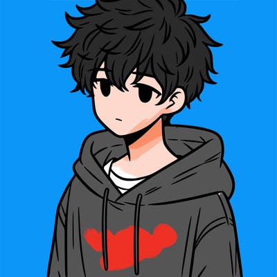 a teenage boy with messy and fluffy hair and a oversized hoodie on