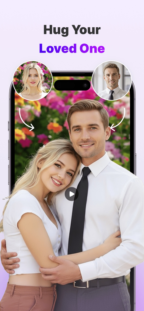 Aitubo: AI Video Generator - A smartphone interface showing two separate portraits being merged into an AI-generated video of a couple hugging.