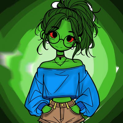 girl with a messy ponytail glasses a baggy crop top and jean shorts