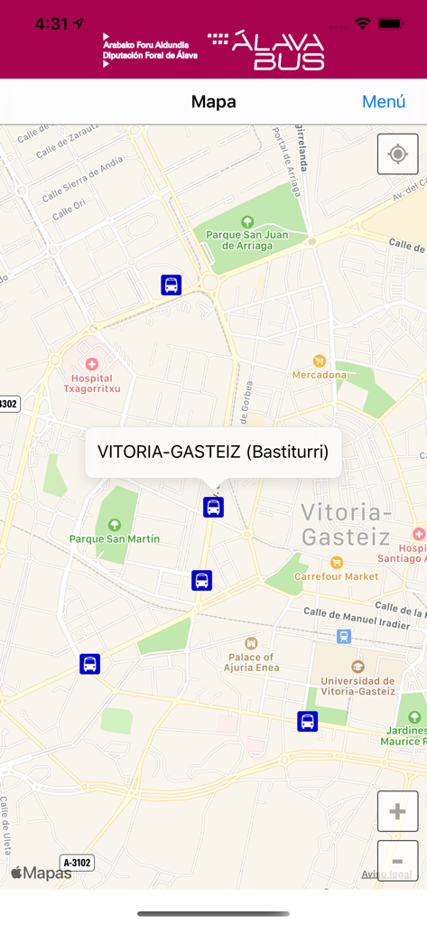 Vista del mapa en la aplicación Alavabus que muestra paradas de autobús en Vitoria-Gasteiz