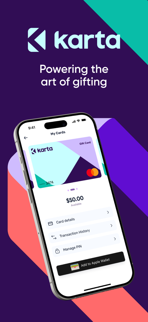 Karta Gift Cards - Karta app interface on iPhone showing a digital gift card and Apple Wallet button.