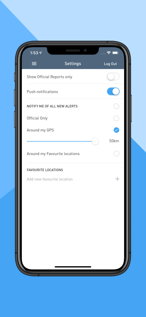 Dorsal Shark Reports app settings screen showing push notification and GPS alert configurations