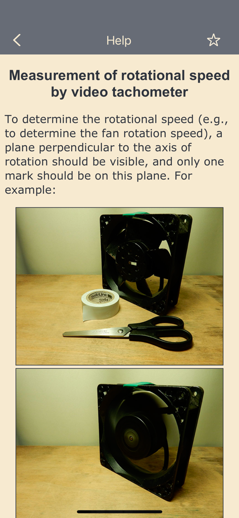 Video tachometer for business - In-app help guide showing how to prepare a fan for rotational speed measurement using a single mark.