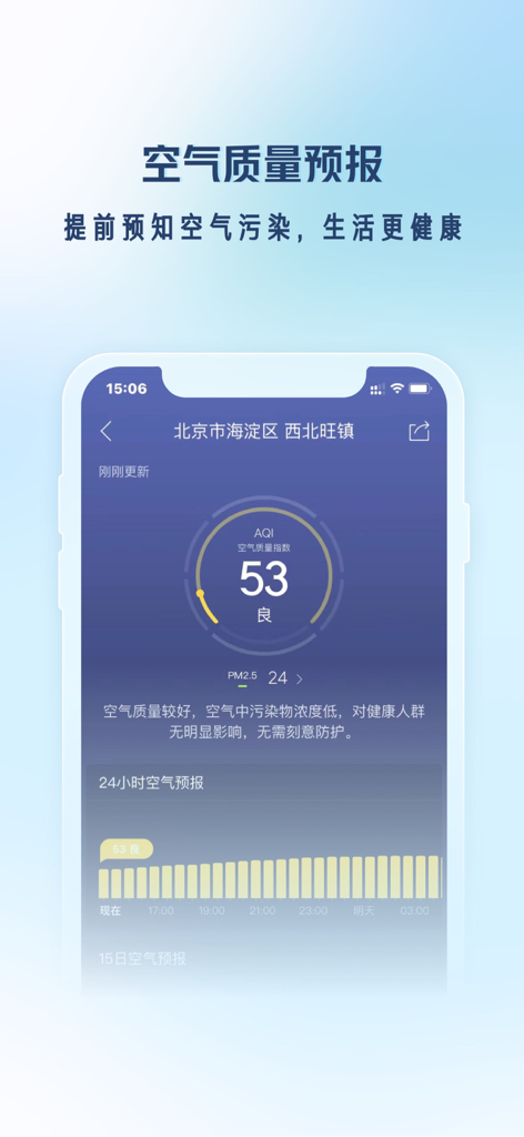 天气通Pro - Mobile app interface of Weather Pass Pro showing air quality index levels and forecast trends