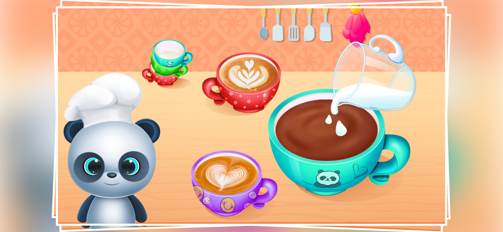 A cute panda chef character making latte art and pouring milk into a coffee cup in a colorful cafe kitchen.