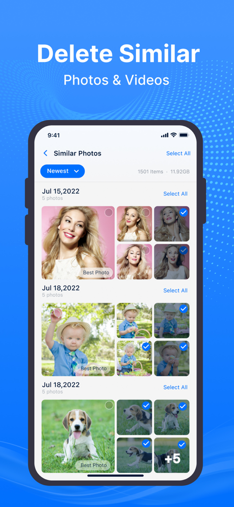 Swift Cleaner-Clean Up Storage - Mobile app interface showing similar photos grouped for storage cleanup
