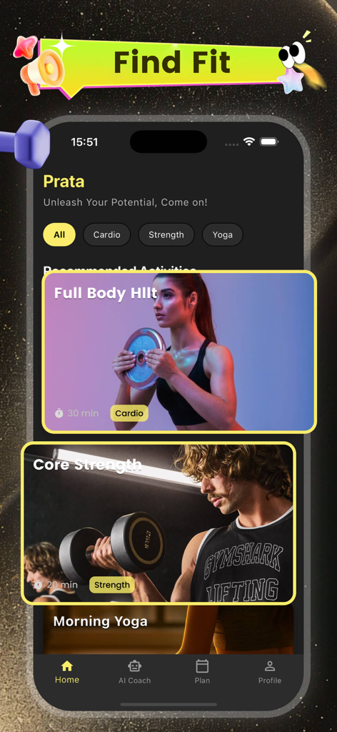 Prata fitness app screen displaying full body HIIT and core strength workout recommendations