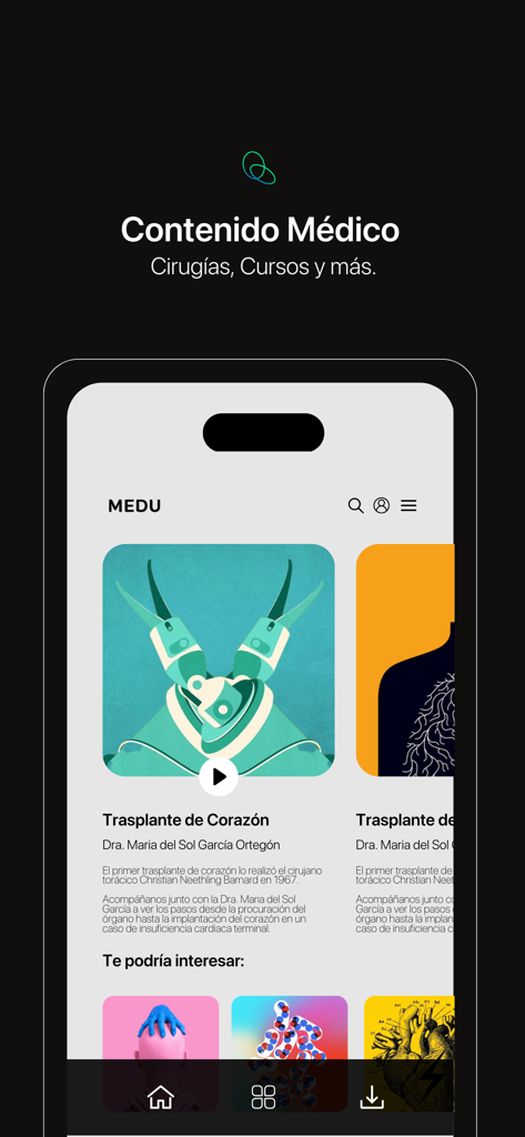 Medu - Interfaz de la aplicación Medu mostrando videos quirúrgicos y cursos médicos en español