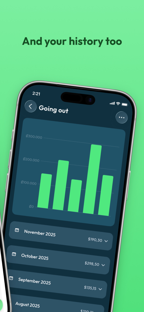 Spent - Track your expenses - A bar chart displaying monthly spending history in the Spent expense tracking app