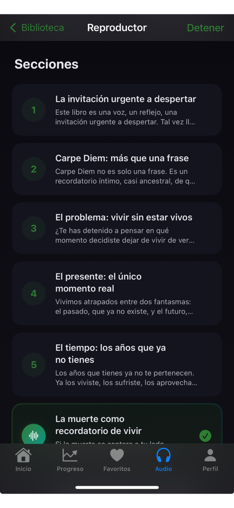 Huellas de vida - Audio player interface of the Huellas de Vida app displaying a list of educational sections in Spanish.