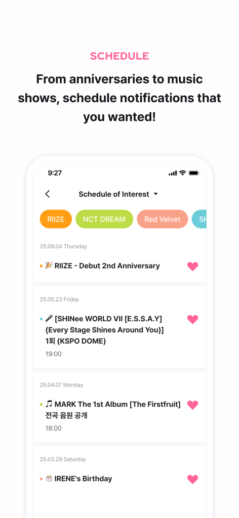 A screenshot of the SMTOWN official app displaying a schedule of K-pop artist events including anniversaries concerts and album releases
