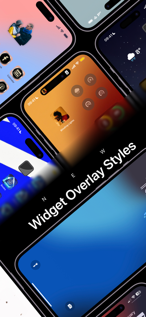 Multiple iPhone home screens displaying different Clear Spaces widget overlay styles including music and weather.