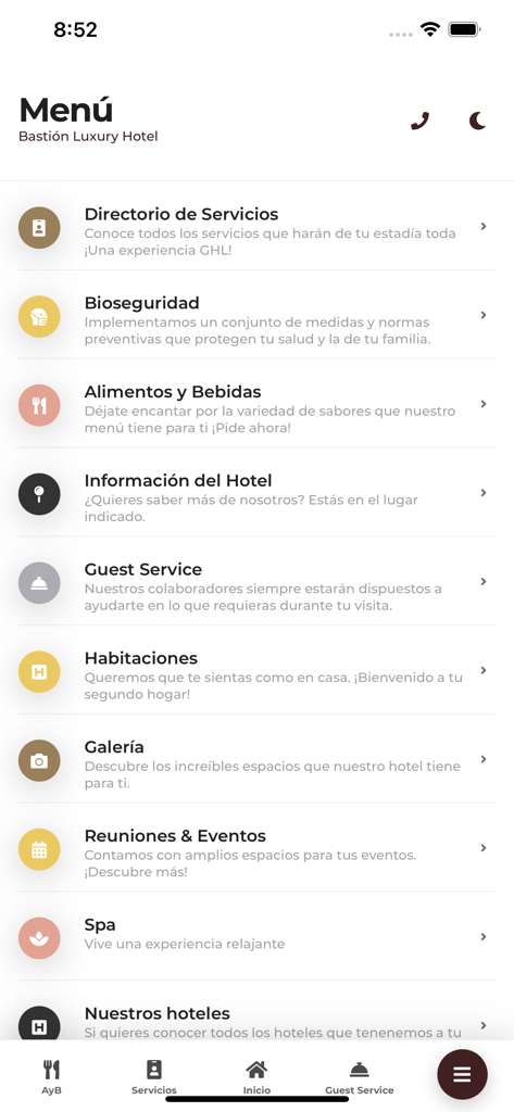 GHL Plus - Menú de la aplicación móvil de GHL Plus que muestra servicios del hotel, incluyendo spa, comidas y servicio al huésped