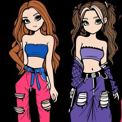 2 girls in crop tops and baggy jeans ripped