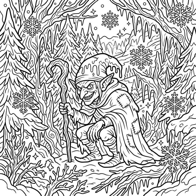 Dive into a thrilling winter scene featuring a cunning Redcap goblin, perfectly poised amidst a snowy forest. This intricate coloring page invites you to bring a touch of eerie charm to the crisp beauty of a frozen wonderland.
