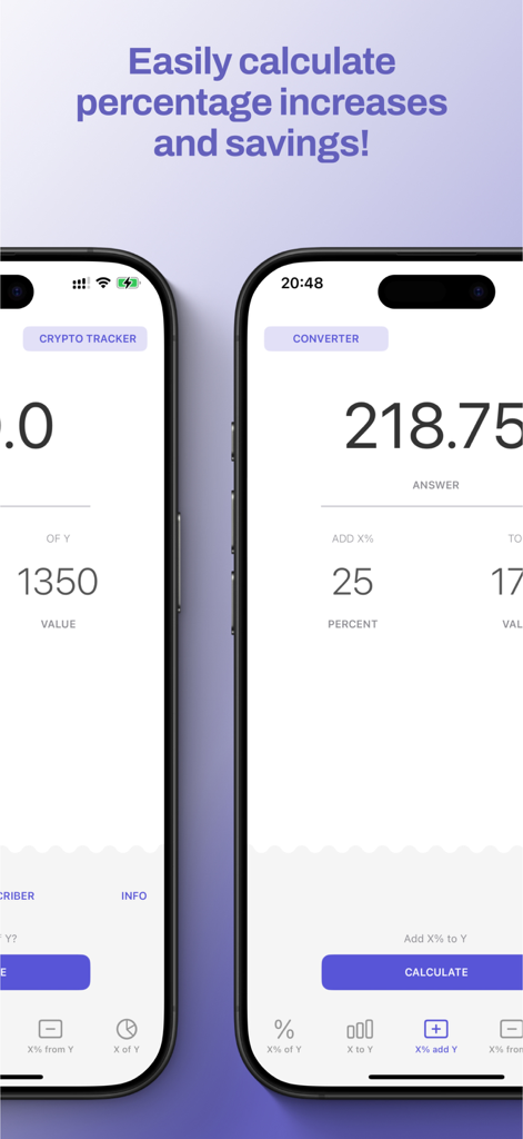 Interfaccia dell'app i know percent che calcola un aumento del 25 percento su un numero.