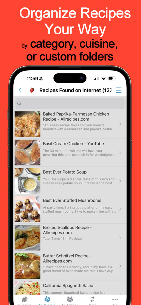 Recipe Keeper - Cook'n - Uma tela de smartphone exibindo uma lista de receitas encontradas na internet e organizadas dentro do aplicativo Recipe Keeper