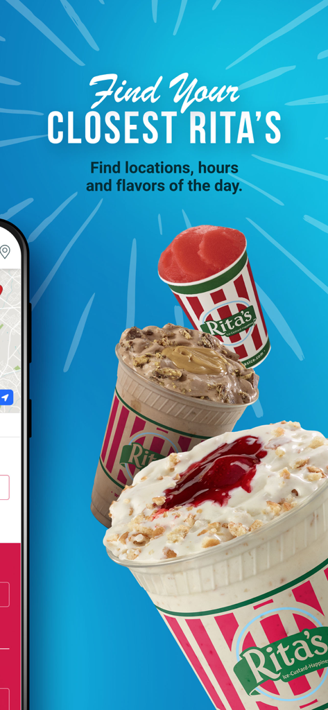Rita's Ice - Pantalla de la app móvil de Rita's Ice mostrando la función de localizador de tiendas y postres congelados