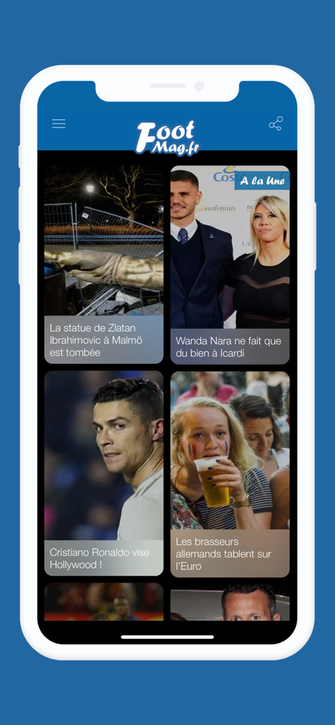 Feed di notizie dell'app Footmag con storie di celebrità del calcio in francese