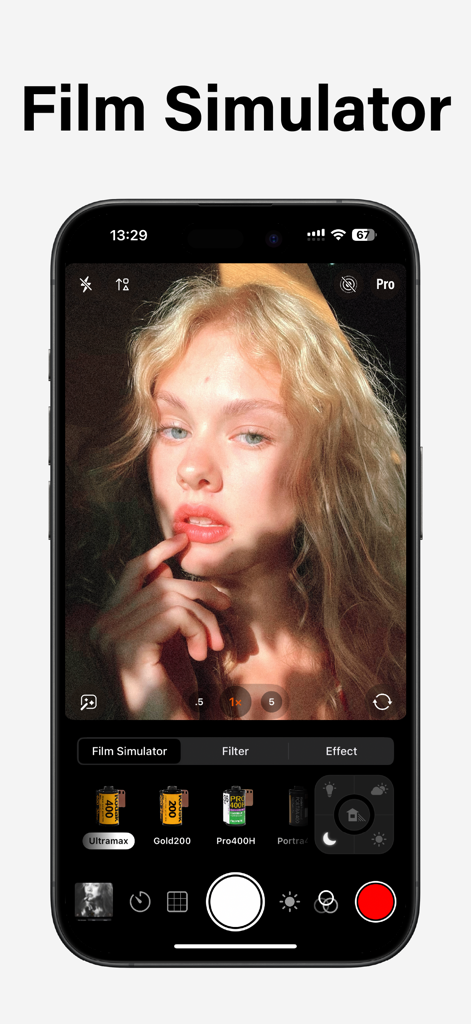 Vibe Cam - Moments Never Fade - 美的な外観のためのフィルムシミュレーションプリセットとアナログ写真フィルターが表示されたプロフェッショナルカメラアプリインターフェイス。