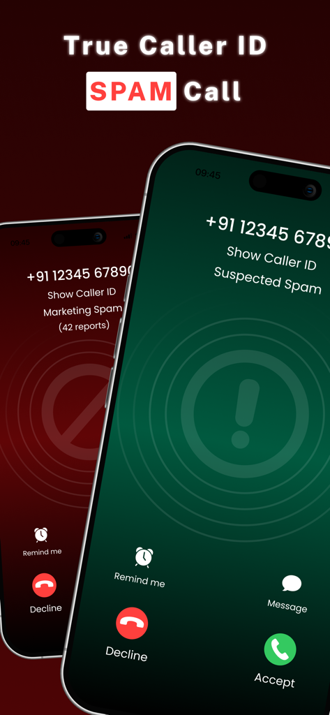 TrueCaller ID : Find by Number - iPhone screens showing TrueCaller ID app identifying suspected spam and marketing calls