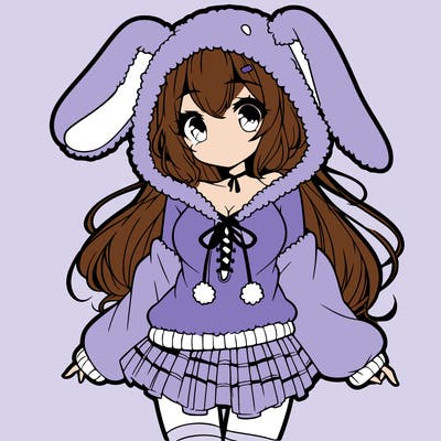 pretty anime girl wearing a fluffy hoodie with bunny ears on the hood and a skirt