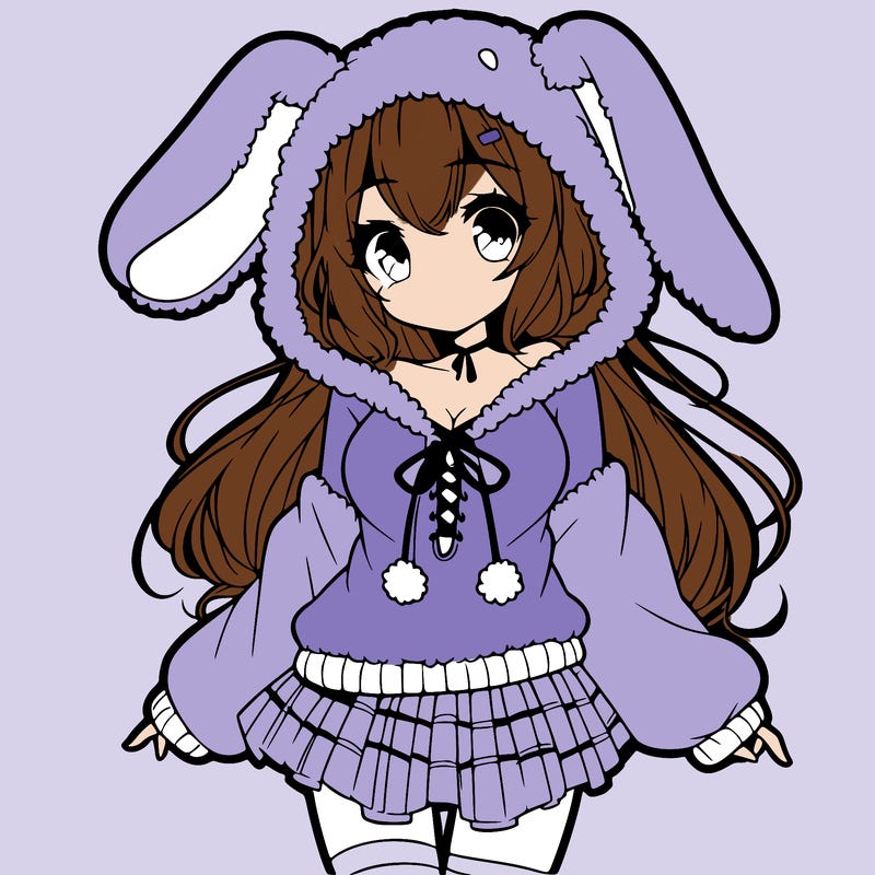 pretty anime girl wearing a fluffy hoodie with bunny ears on the hood and a skirt