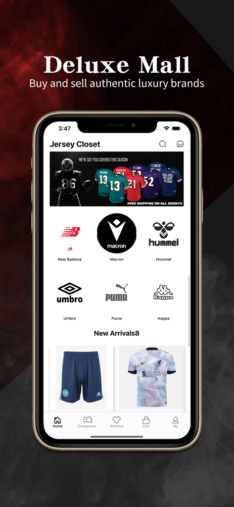 Interface do aplicativo Jersey Online mostrando artigos esportivos oficiais e marcas de luxo, incluindo Macron e Puma.