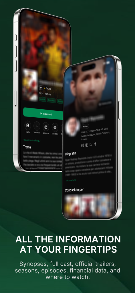 Deux iPhones affichant des informations détaillées sur les films et des biographies d'acteurs dans l'application Streaming Community.