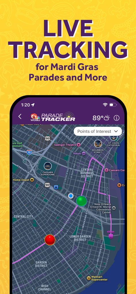 WDSU Parade Tracker app showing a live GPS map of Mardi Gras parade routes in New Orleans
