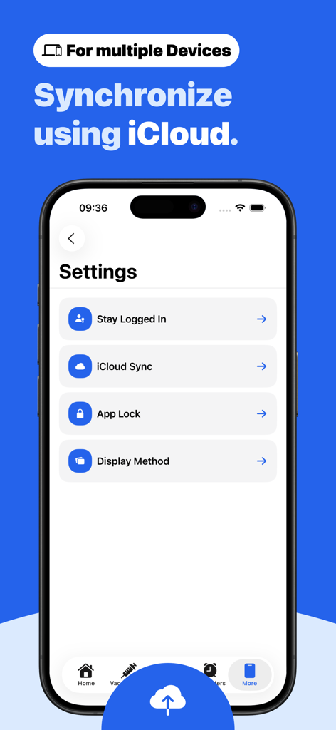 Immunization Record – Vaccy - Settings screen of the Vaccy app highlighting iCloud synchronization for multiple devices.