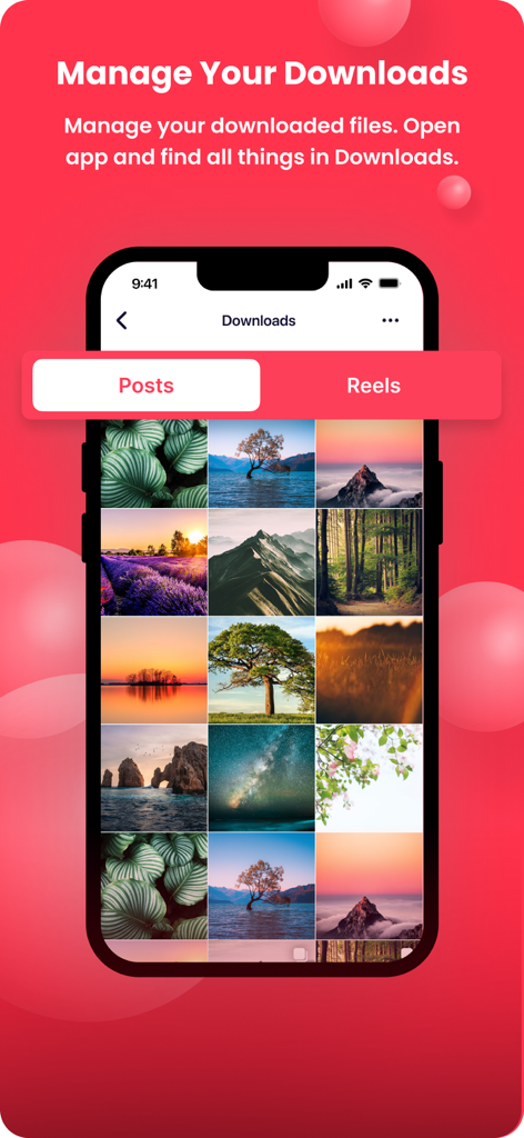 InSaver - Reel & Story Saver - A smartphone displaying the InSaver app interface with a grid of downloaded photos and a tab for saved reels.