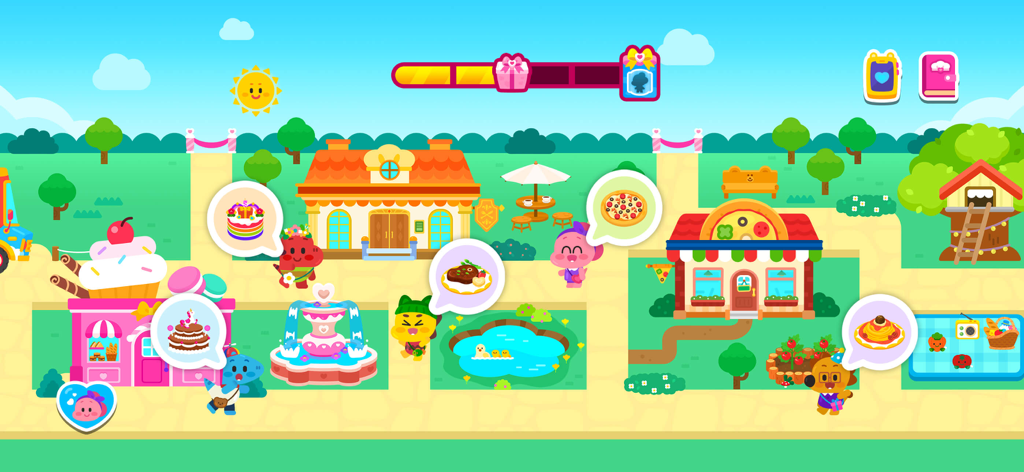 Cocobi Little Kitchen - kids - Un mapa vibrante de Cocobi Village con varias tiendas de cocina y personajes de dinosaurios.