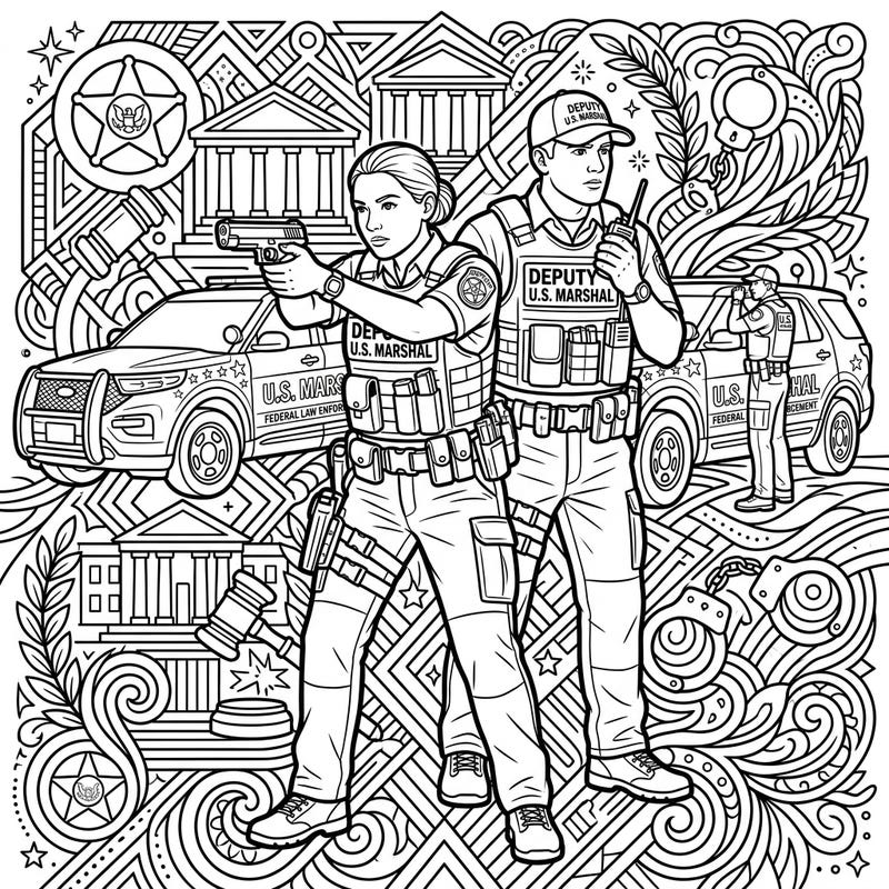 Step into the world of federal law enforcement with this dynamic Deputy Marshals coloring page. Perfect for those who admire the dedication and bravery of these officers, offering a detailed scene to bring to life.