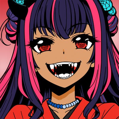 anime girl, vampire teeth,demon slayer themed, evil smile