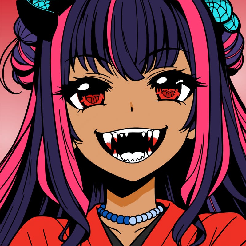 anime girl, vampire teeth,demon slayer themed, evil smile