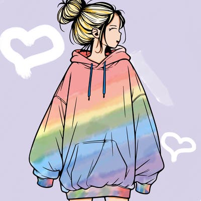 realistic girl with a oversized sweatshirt on and a bun