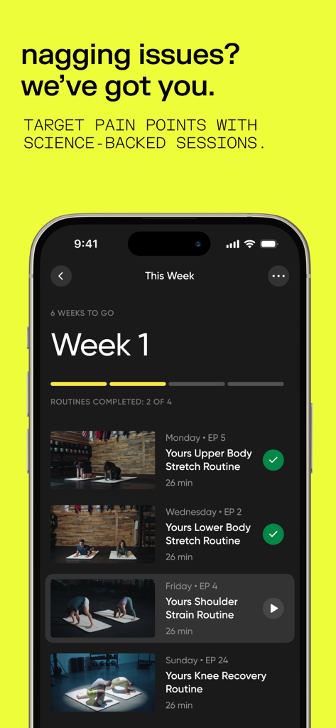 pliability: stretch + mobility - A weekly mobility schedule in the pliability app showing targeted stretching routines for pain points and recovery.