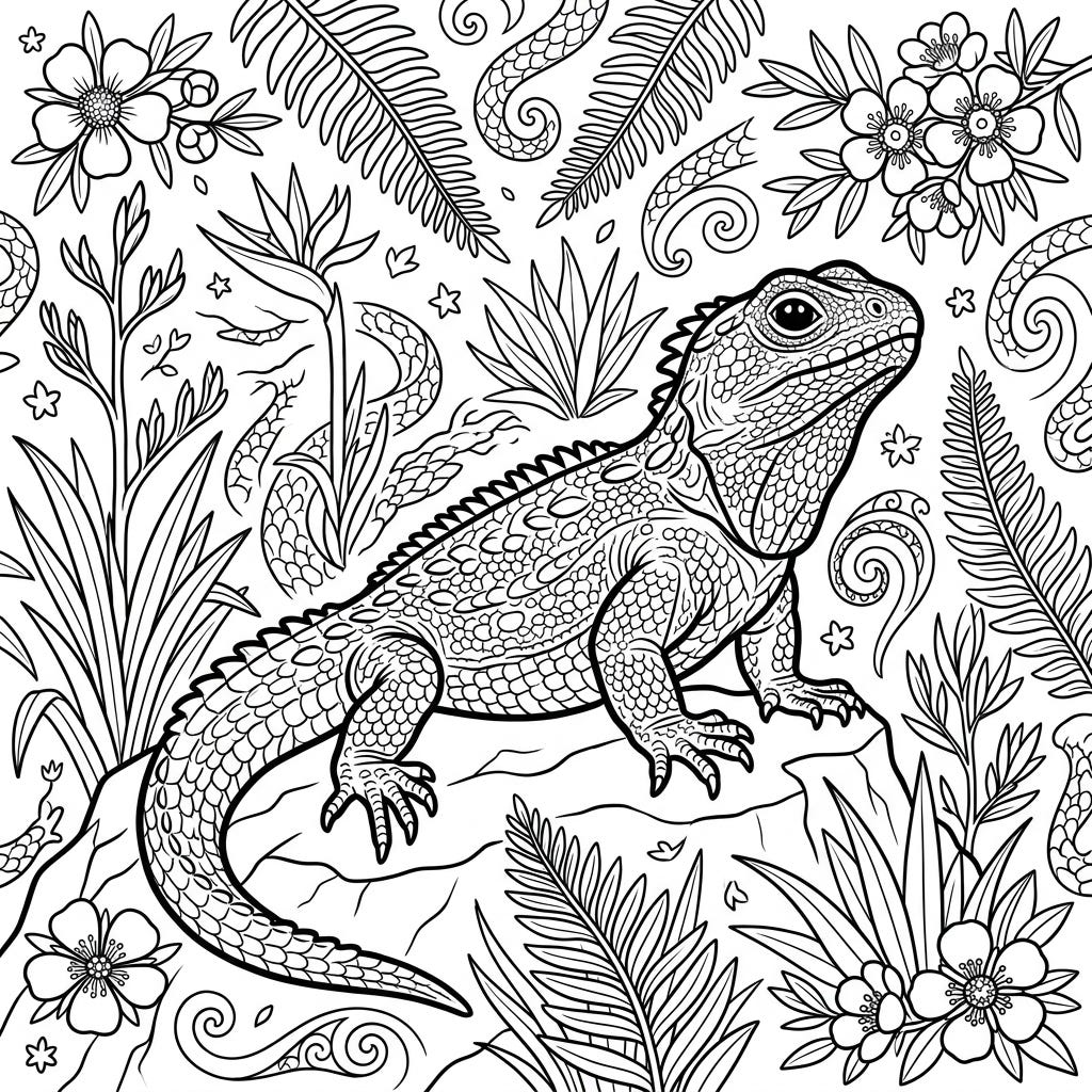Tuatara Coloring Page | Ancient Reptile & New Zealand Flora
